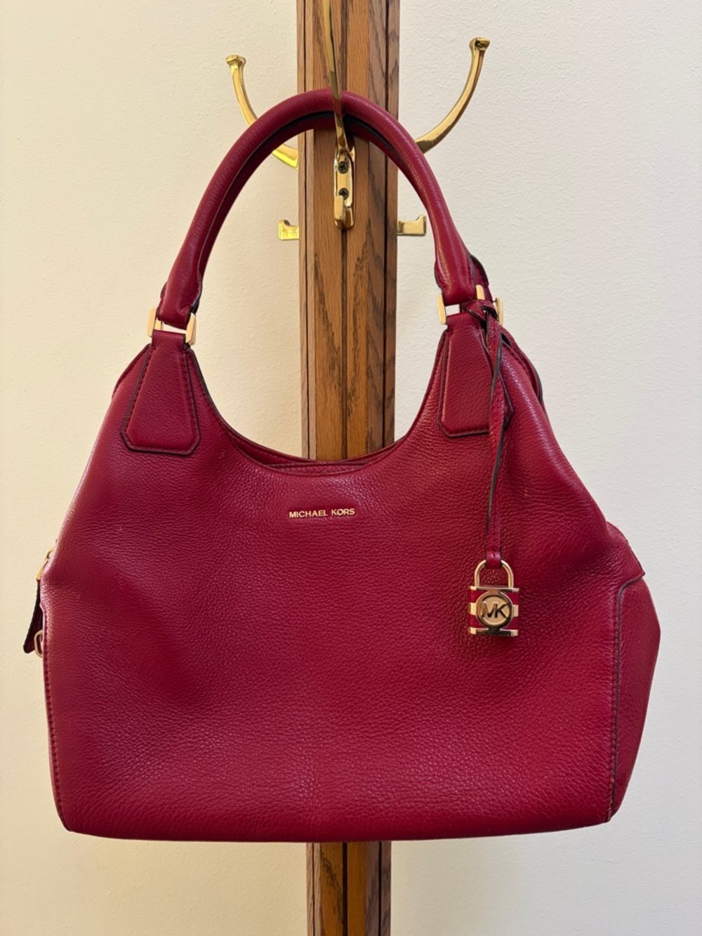 Michael Kors Raspberry Red Leather Shoulder Bag with Gold Hardware